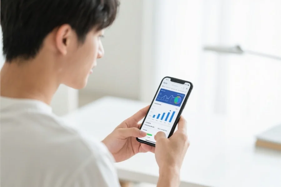 年轻人手持智能手机，专注浏览数据分析类网页，背景为明亮的室内环境