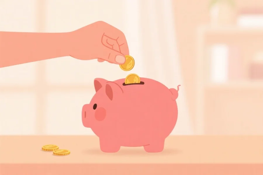 一张象征理性消费的插图，展示一只手正将零钱投入储蓄罐，背景温馨简洁