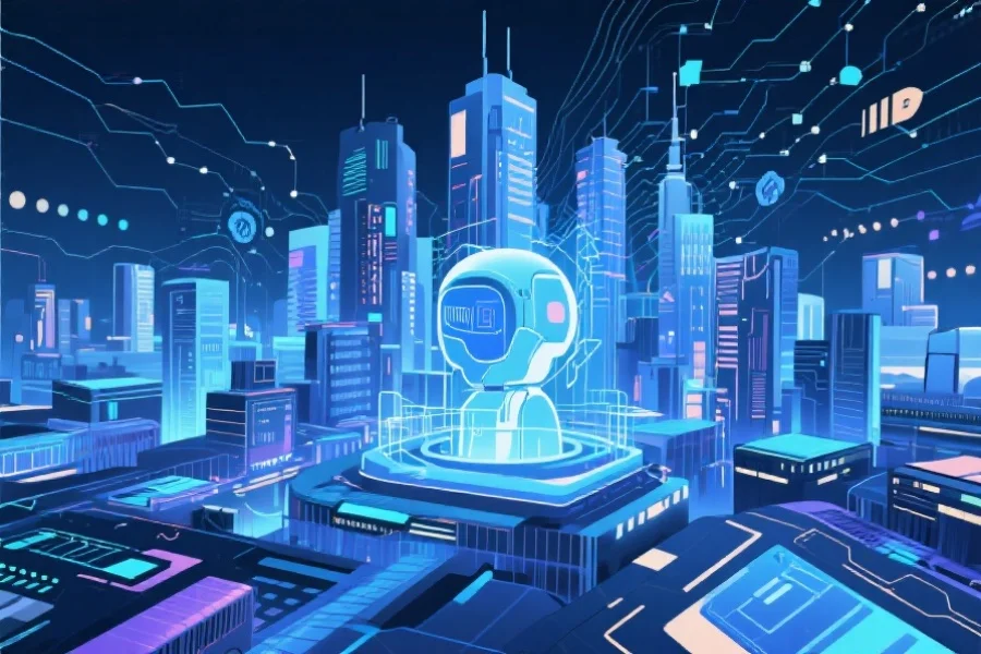 抽象风格的未来科技城市，数字网络与人工智能元素交织，象征技术驱动的行业升级